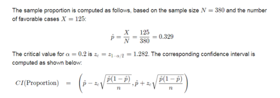 The sample proportion is computed as follows, based on the sample size N = 380 and the number of favorable cases X = 125: X P