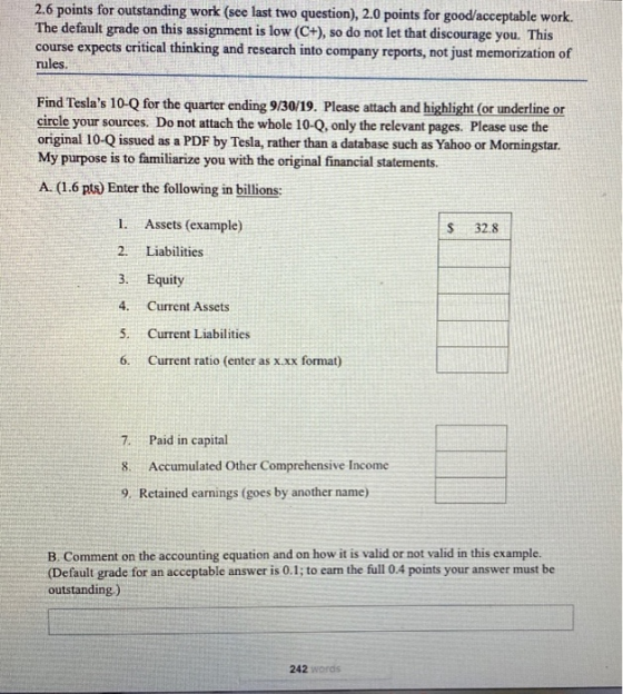 2.6 points for outstanding work (see last two question), 2.0 points for good/acceptable work. The default grade on this assig