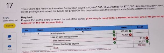 Three years ago American Insulation Corporation issued 10%, 5800,000, 10 year bonds for $770,000. American Insulation exere i