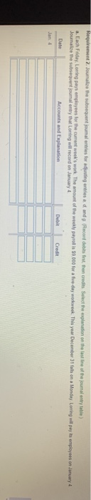 Requirement 2. Joumare the subsequent journal entries for adjusting entries ad and g (Record debilis first the credits Select
