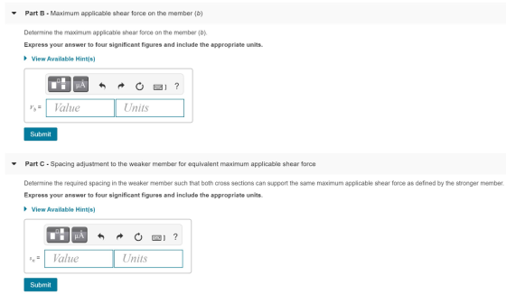 Part B - Maximum applicable shear force on the member (6) Determine the maximum applicable shear force on the member (6) Expr