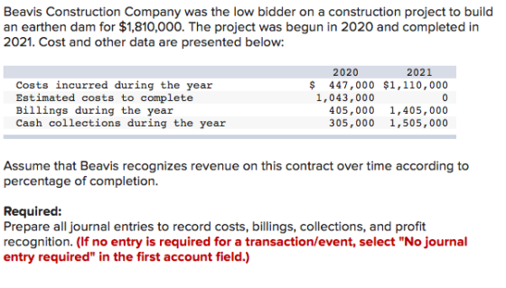 Beavis Construction Company was the low bidder on a construction project to build an earthen dam for $1,810,000. The project