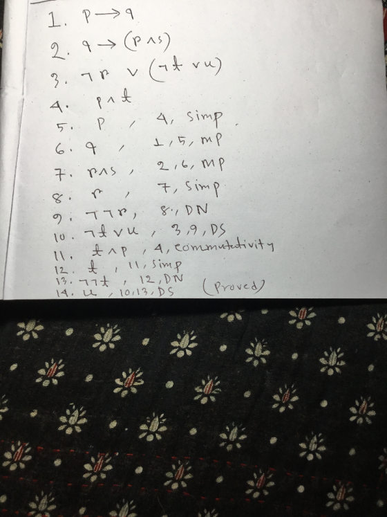1. P 9 2.4 → (Pus) 3. TR (ntru) pat 4. 5. / > 2 P 4, simp 6.4 1,5, mp 7. Pas 2,6, mp 7, simp 9, 11 ) 8, DN 10. Itvu , 3,9, DS
