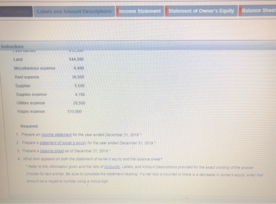 Labels and Amount Descriptions Income Statement Statement of Owners Equity Balance Sheet Instructions CCS Cancu Land 544,000