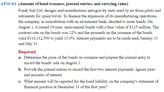 AP10-8A (Amount of bond issuance, journal entries, and carrying value) Frank Suit Ltd. designs and manufactures anti-gravity