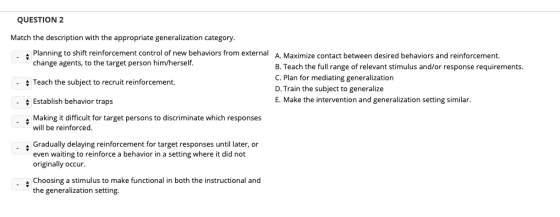 QUESTION 2 Match the description with the appropriate generalization category Planning to shift reinforcement control of new