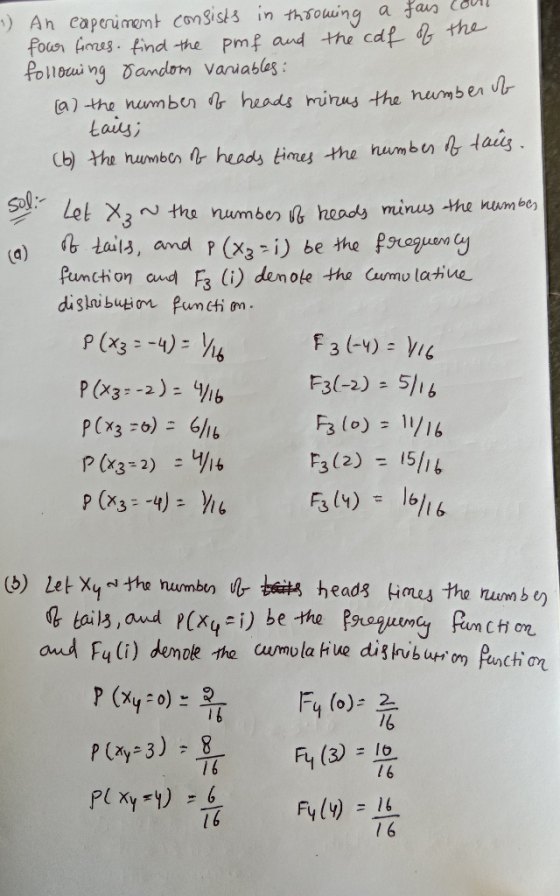 fouor inne. find -the pmf and the cdf h the olloi ng andom variables Laiisj Cb) tha humbtrr heads times the numbn l taig Pumchion cud 3 (i) denote tha Caumo lahue P(3)- F3 (o) 16 F3 (2): 15/ル aud Fu(i) denoe the cumola ive dison ct on Fy (o)- 2 l 6 l 6