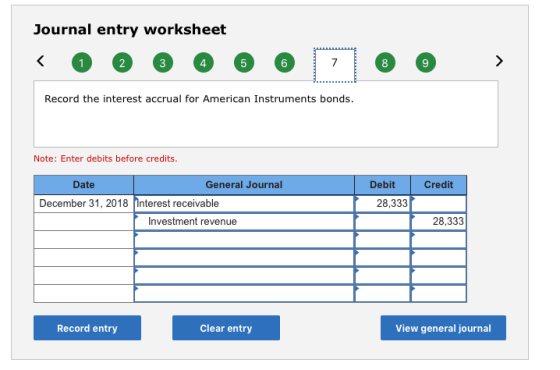 Journal entry worksheet 2 3 4 6 Record the interest accrual for American Instruments bonds. Note: Enter debits before credits. Date General Journal Debit Credit December 31, 2018 Intest receivable 28,333 Investment revenue 28,333 Record entry Clear entry View general journal