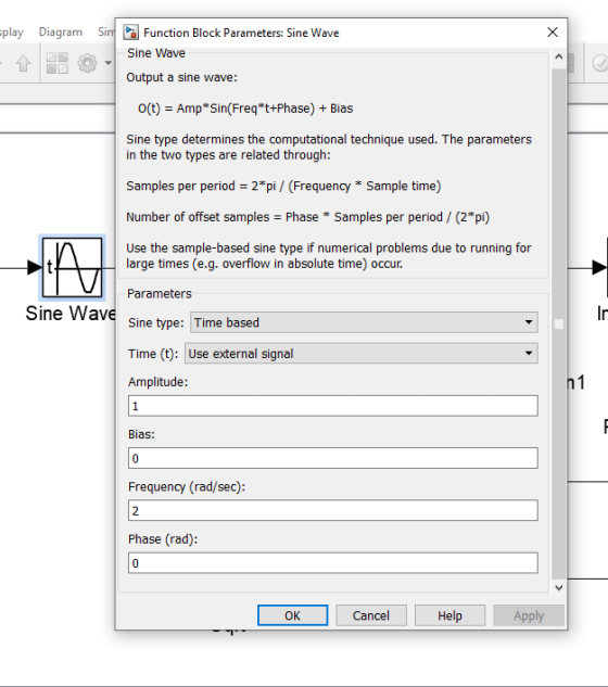 =play Diagram Sind Function Block Parameters: Sine Wave X Sine Wave Output a sine wave: o(t) = Amp* Sin(Freq*t+Phase) + Bias