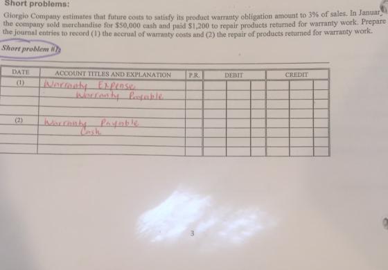 Short problems: Giorgio Company estimates that future costs to satisfy its product warranty obligation it future costs to sat
