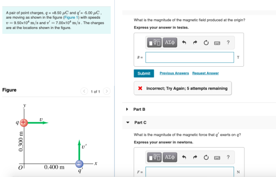 A pair of point charges, q = +8.50 uC and q = -5.00 uC, are moving as shown in the figure (Figure 1) with speeds v=9.50x104