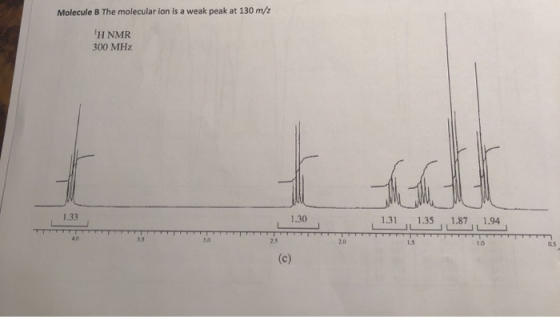 Molecule B The molecular ion is a weak peak at 130 m/2 H NMR 300 MHz 1.30 1.31 1.35 1.871.94