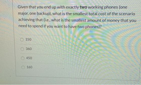 Given that you end up with exactly two working phones (one major, one backup), what is the smallest total cost of the scenari