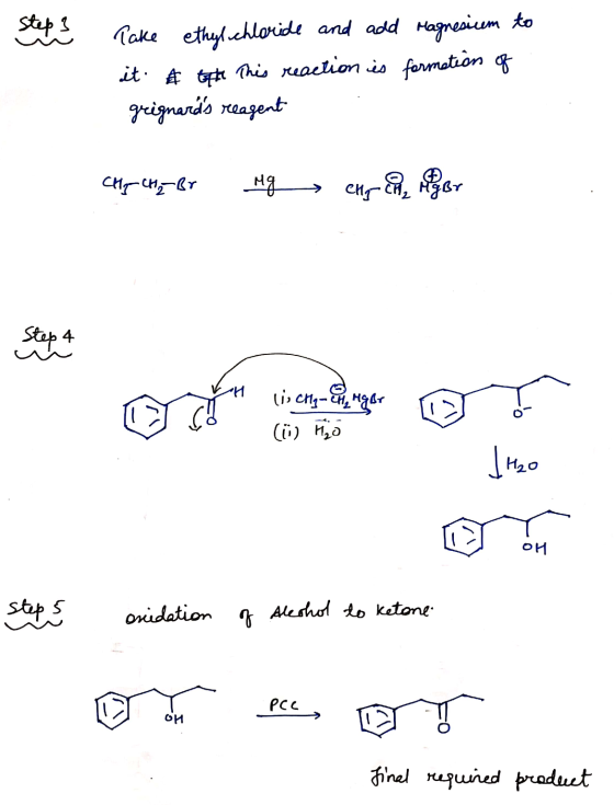 Steps Take ethyl chloride and add Magnesium to it A tofte This reaction is formation of grignards reagent CH2 CH₂ Br Mg Step