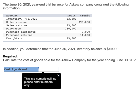 The June 30, 2021, year-end trial balance for Askew company contained the following information: Debit Account Credit Invento