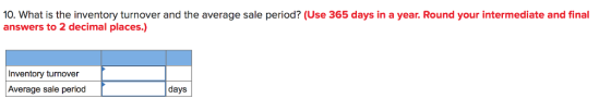0. What is the inventory turnover and the average sale period? (Use 365 days in a year. Round your intermediate and final answers to 2 decimal places.) Inventory turnover Average sale period days
