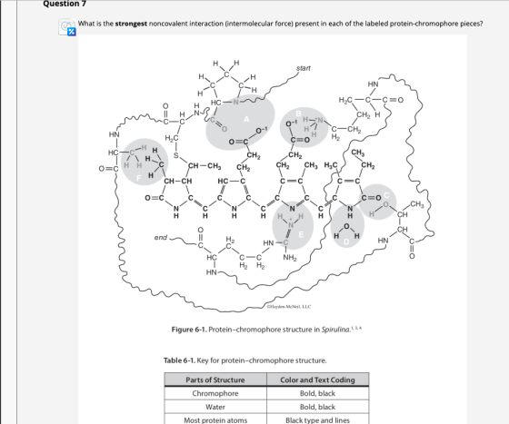 Question 7 What is the strongest noncovalent interaction (intermolecular force) present in each of the labeled protein-chromo