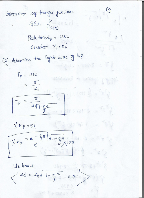 Gliven Opn Loop bense function cunste function S(s+2). tz) Feak tímetp sec. Overshoot Mp=52 (a) determine the Right Value of㎘ Wd 110 0 Je know