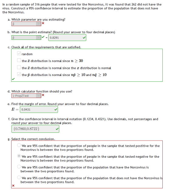 In a random sample of 316 people that were tested for the Norcovirus, it was found that 262 did not have the virus. Construct