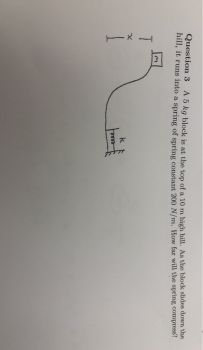 Question 3 A 5 kg block is at the top of a 10 m high hill. As the block slides down the mill, it runs into a spring of spring