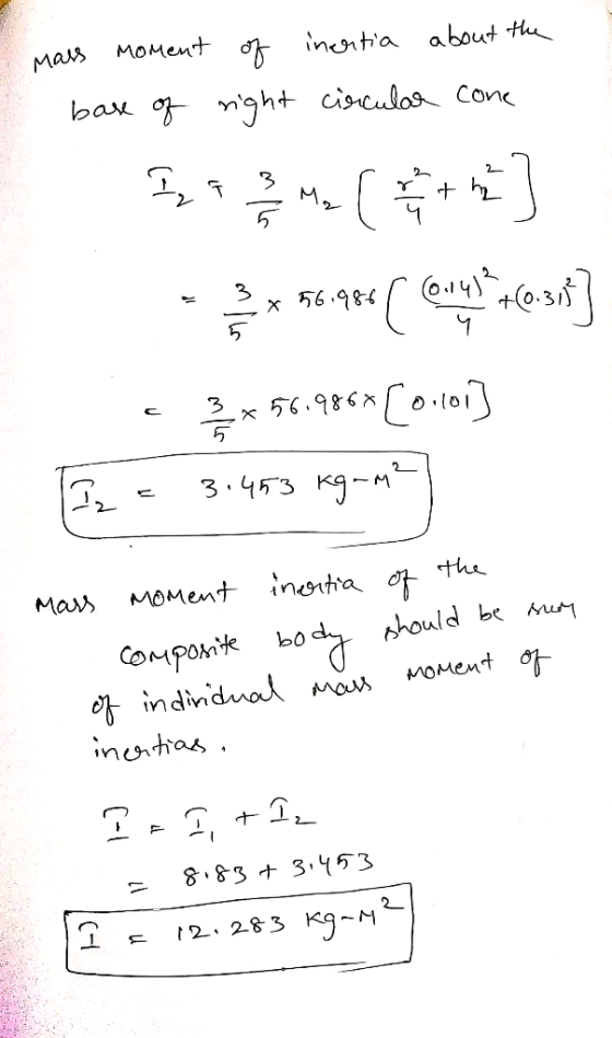 mars moment of inertia about the base of right circular cone I 92 m2 (4 + 2 * 56.949 (at ce317 <3*56.986*[0-1013 I = 3.453 kg