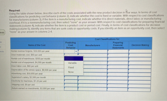 : Using the table shown below, describe each of the costs associated with the new product decision in four ways. In terms of