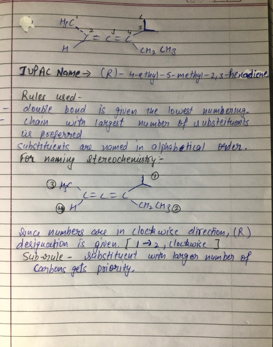 H₂ C. 5 2 c=c H CH2 CH3 TUPAC Name> (R)- 4-ethyl-5-methyl – 23-hexadiene Rules used- double boud is given the lowest numberin