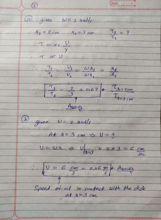 Date / @ given was sad/s eg=2cm des=3 cm = ? 2 ی ه ا V1 wrs Wre rs re 6 - Answer given w = 2 rad/s At r = 3 cm Uza v = r = =