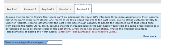 Required 1 Required 2 Required 3 Required 4 Required 5 Assume that the North Stores floor space cant be subleased. However,