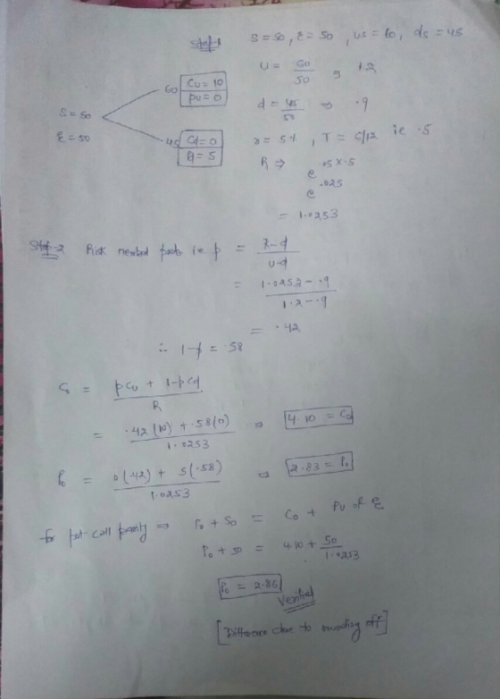 s=so, E= so, us = to, ds = 45 puo d = 45 S = 50 9 R = 50 -45 CEO 16=5 St., T = 6/6 ie 5 B us x 5 .025 103.53 Step-2 Risk neut