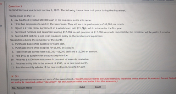 Question 2 Sunland Services was formed on May 1, 2020. The following transactions took place during the first month. Transact
