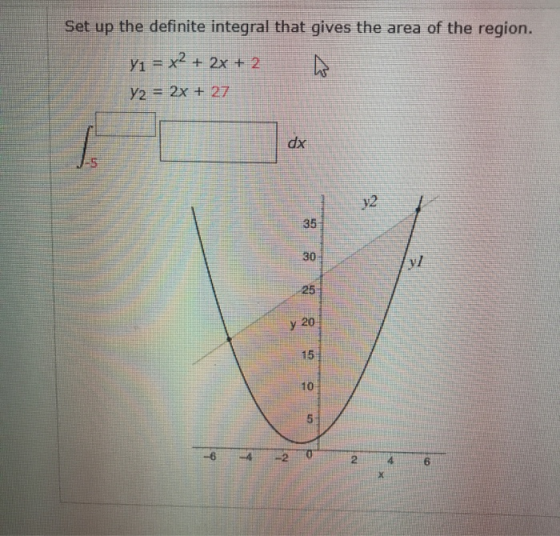 Set up the definite integral that gives the area of the region. Y1 = x2 + 2x + 2 h Y2 = 2x + 27 dx y2 35 30 y 25 y 20 15 10 5