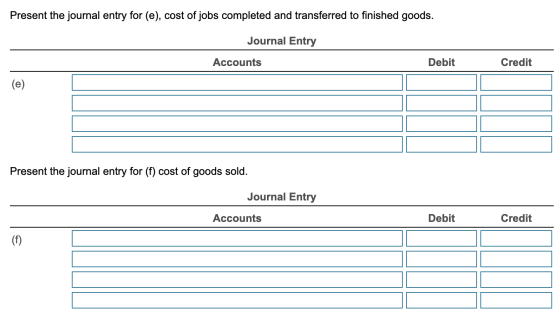 Present the journal entry for (e), cost of jobs completed and transferred to finished goods. Journal Entry Accounts Debit Cre