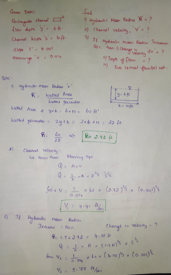 Given Data Rocha, tulai channel flow depth y,= 6ft 2) Channel velocity , 3) Soln- Rr wetted Area 6ft ktette』 faut mate blof 2
