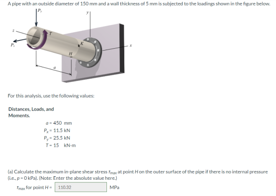 A pipe with an outside diameter of 150 mm and a wall thickness of 5 mm is subjected to the loadings shown in the figure below