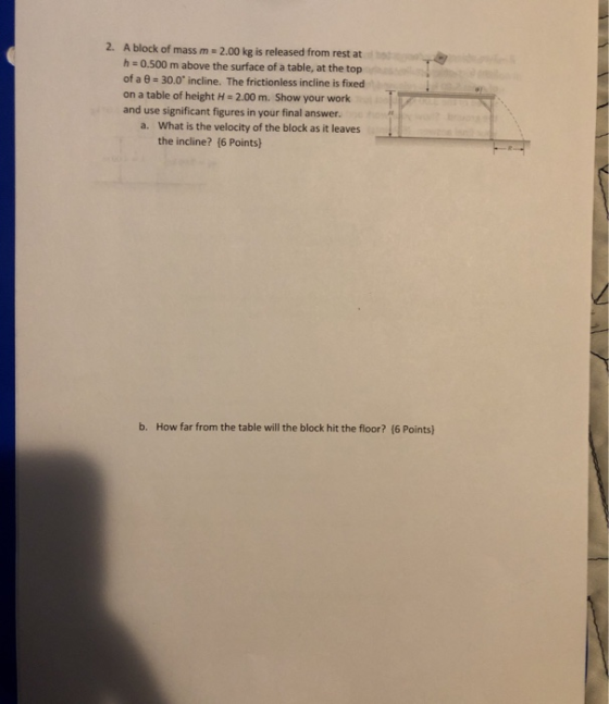 3 2. A block of mass m = 2.00 kg is released from rest at h = 0.500 m above the surface of a table, at the top of a = 30.0 in
