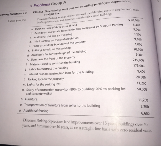 acquire land, make earning Objectives 1, 2 > Problems Group A P10-30A Determining asset cost and recording partial-year depre