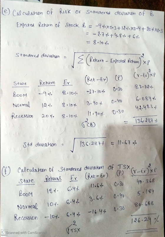 lle) Calculation of Risk or Standered deviation of B Expected Return of Stock B .-9.8.X0:3+12).X0•4 + 20%X0-3 = - 4.7% + 4.8.