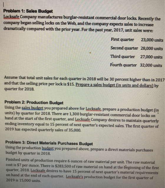 Problem 1: Sales Budget Locksafe Company manufactures burglar-resistant commercial door locks. Recently the company began sel