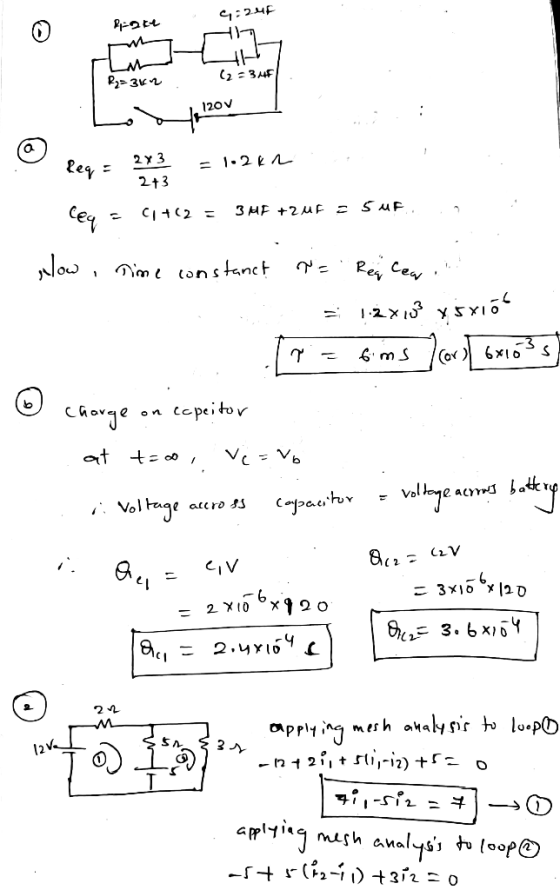 9:24f Part M R₂ = 342 (2 317 120V tulzov Req= = 1.2KL 283 2+3 ceq CI+(2 = 3 HF +2uF - Suf How Time constanct .? 1 Reg Cew = 1