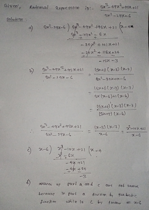 Given Rational Expression is. 502-4932_952 +21 51²_298.6 Solution + b) 5a²292-6) 57² - 49 212 1954 +21 -2921262 - 2002 - 2072