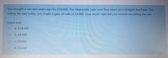 You bought a van two years ago for £10,000. You depreciate vans over four years on a straight-line basis. On selling the van