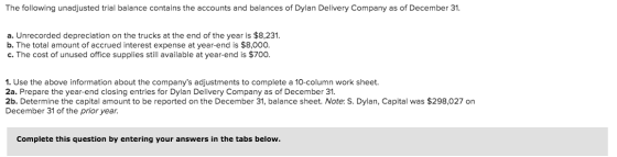 The following unadjusted trial balance contains the accounts and balances of Dylan Delivery Company as of December 31. a. Unr