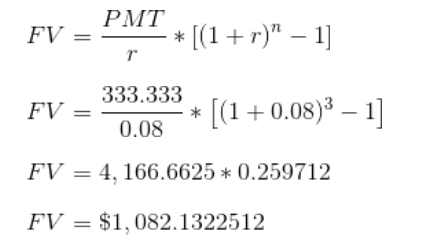 HV = PMT * ((1+r) – 1] FV = ***** [(1 + 0.08)3 – 1] 0.08 FV = 4,166.6625 * 0.259712 FV = $1,082.1322512