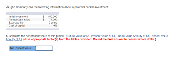 Vaughn Company has the following information about a potential capital investment: $ $ Initial investment Annual cash inflow
