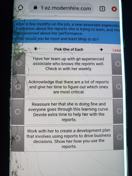 t-az.modernhire.com After a few months on the job, a new associate expressés frustration about the reports she is trying to l