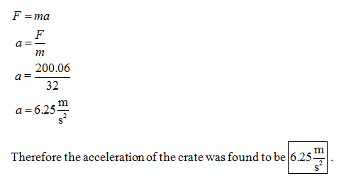 F ma dr a- 1n 200.06 32 a- 6.25 Therefore the acceleration of the crate was found to be6.25