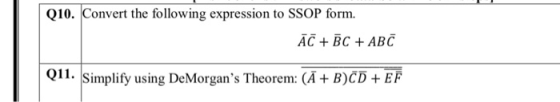 Q10. Convert the following expression to SSOP form. AC + BC + ABC Q11. Simplify using DeMorgans Theorem: (A + B)CD + EF