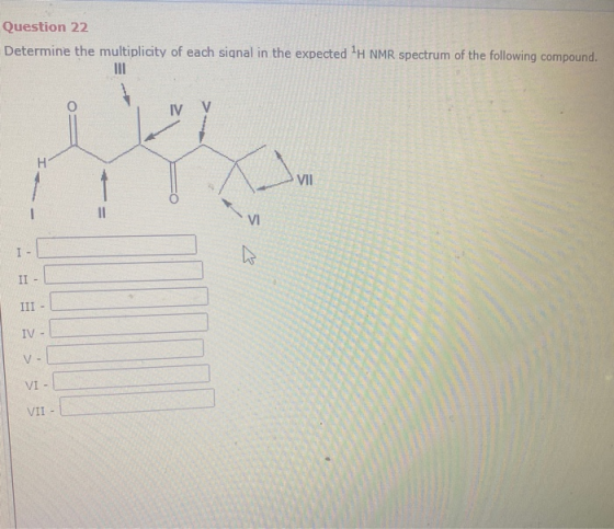 Question 22 Determine the multiplicity of each signal in the expected H NMR spectrum of the following compound. IV v 2 VII 1