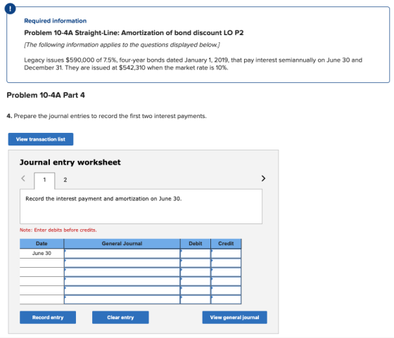 ! Required information Problem 10-4A Straight-Line: Amortization of bond discount LO P2 The following information applies to